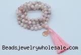 GMN1807 Knotted 8mm, 10mm natural pink opal 108 beads mala necklace with tassel & charm