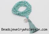 GMN1808 Knotted 8mm, 10mm amazonite 108 beads mala necklace with tassel & charm