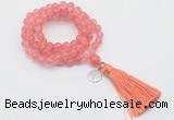 GMN1814 Knotted 8mm, 10mm cherry quartz 108 beads mala necklace with tassel & charm