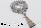 GMN1818 Knotted 8mm, 10mm cloudy quartz 108 beads mala necklace with tassel & charm