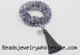 GMN1820 Knotted 8mm, 10mm dogtooth amethyst 108 beads mala necklace with tassel & charm