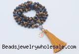 GMN1832 Knotted 8mm, 10mm colorful tiger eye 108 beads mala necklace with tassel & charm