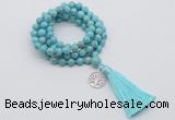 GMN1837 Knotted 8mm, 10mm blue howlite 108 beads mala necklace with tassel & charm