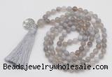 GMN1861 Knotted 8mm, 10mm grey banded agate 108 beads mala necklace with tassel & charm