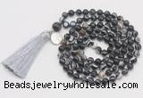 GMN1862 Knotted 8mm, 10mm black banded agate 108 beads mala necklace with tassel & charm