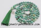 GMN1864 Knotted 8mm, 10mm grass agate 108 beads mala necklace with tassel & charm