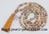 GMN1869 Knotted 8mm, 10mm yellow crazy agate 108 beads mala necklace with tassel & charm