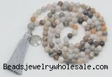 GMN1870 Knotted 8mm, 10mm bamboo leaf agate 108 beads mala necklace with tassel & charm