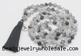 GMN1873 Knotted 8mm, 10mm black rutilated quartz 108 beads mala necklace with tassel & charm