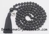 GMN1882 Knotted 8mm, 10mm black lava 108 beads mala necklace with tassel & charm