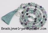 GMN1884 Knotted 8mm, 10mm fluorite 108 beads mala necklace with tassel & charm