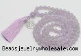 GMN1885 Knotted 8mm, 10mm lavender amethyst 108 beads mala necklace with tassel & charm