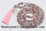 GMN1886 Knotted 8mm, 10mm purple strawberry quartz 108 beads mala necklace with tassel & charm