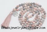 GMN1890 Knotted 8mm, 10mm pink zebra jasper 108 beads mala necklace with tassel & charm