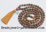 GMN1892 Knotted 8mm, 10mm red moss agate 108 beads mala necklace with tassel & charm