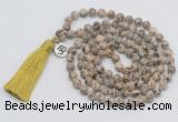 GMN1893 Knotted 8mm, 10mm feldspar 108 beads mala necklace with tassel & charm