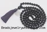 GMN1896 Knotted 8mm, 10mm black obsidian 108 beads mala necklace with tassel & charm