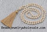 GMN200 Hand-knotted 6mm white fossil jasper 108 beads mala necklaces with tassel