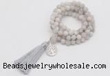 GMN2001 Knotted 8mm, 10mm matte white crazy agate 108 beads mala necklace with tassel & charm