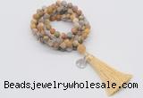 GMN2002 Knotted 8mm, 10mm matte yellow crazy agate 108 beads mala necklace with tassel & charm