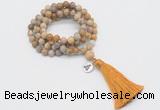 GMN2004 Knotted 8mm, 10mm matte fossil coral 108 beads mala necklace with tassel & charm