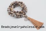 GMN2009 Knotted 8mm, 10mm matte zebra jasper 108 beads mala necklace with tassel & charm