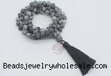GMN2011 Knotted 8mm, 10mm matte black water jasper 108 beads mala necklace with tassel & charm