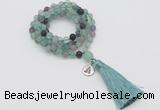 GMN2019 Knotted 8mm, 10mm matte fluorite 108 beads mala necklace with tassel & charm