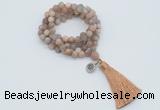 GMN2021 Knotted 8mm, 10mm matte sunstone 108 beads mala necklace with tassel & charm