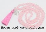 GMN2035 Knotted 8mm, 10mm matte rose quartz 108 beads mala necklace with tassel & charm