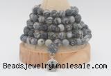 GMN2227 Hand-knotted 8mm, 10mm matte black water jasper 108 beads mala necklace with charm