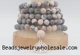 GMN2232 Hand-knotted 8mm, 10mm matte pink zebra jasper 108 beads mala necklaces with charm