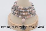 GMN2410 Hand-knotted 6mm pink zebra jasper 108 beads mala necklace with charm