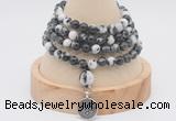 GMN2411 Hand-knotted 6mm black & white jasper 108 beads mala necklace with charm