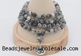 GMN2412 Hand-knotted 6mm black water jasper 108 beads mala necklace with charm