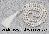 GMN243 Hand-knotted 6mm white howlite 108 beads mala necklaces with tassel