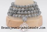 GMN2450 Hand-knotted 6mm grey picture jasper 108 beads mala necklaces with charm