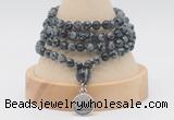 GMN2462 Hand-knotted 6mm snowflake obsidian 108 beads mala necklaces with charm