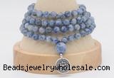 GMN2466 Hand-knotted 6mm blue spot stone 108 beads mala necklaces with charm