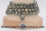 GMN2472 Hand-knotted 6mm rhyolite 108 beads mala necklaces with charm