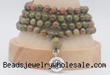 GMN2473 Hand-knotted 6mm unakite 108 beads mala necklaces with charm