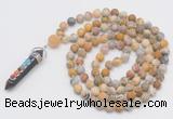 GMN2602 Hand-knotted 8mm, 10mm matte yellow crazy agate 108 beads mala necklace with pendant