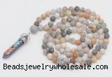 GMN2603 Hand-knotted 8mm, 10mm matte bamboo leaf agate 108 beads mala necklace with pendant