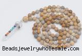 GMN2604 Hand-knotted 8mm, 10mm matte fossil coral 108 beads mala necklace with pendant