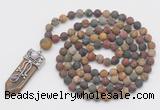 GMN2608 Hand-knotted 8mm, 10mm matte picasso jasper 108 beads mala necklace with pendant