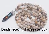 GMN2609 Hand-knotted 8mm, 10mm matte zebra jasper 108 beads mala necklace with pendant