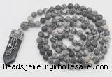 GMN2610 Hand-knotted 8mm, 10mm matte black water jasper 108 beads mala necklace with pendant