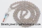 GMN2627 Knotted 8mm, 10mm matte grey agate 108 beads mala necklace with pendant