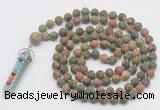 GMN2628 Knotted 8mm, 10mm matte unakite 108 beads mala necklace with pendant