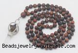 GMN2631 Knotted 8mm, 10mm matte red tiger eye 108 beads mala necklace with pendant